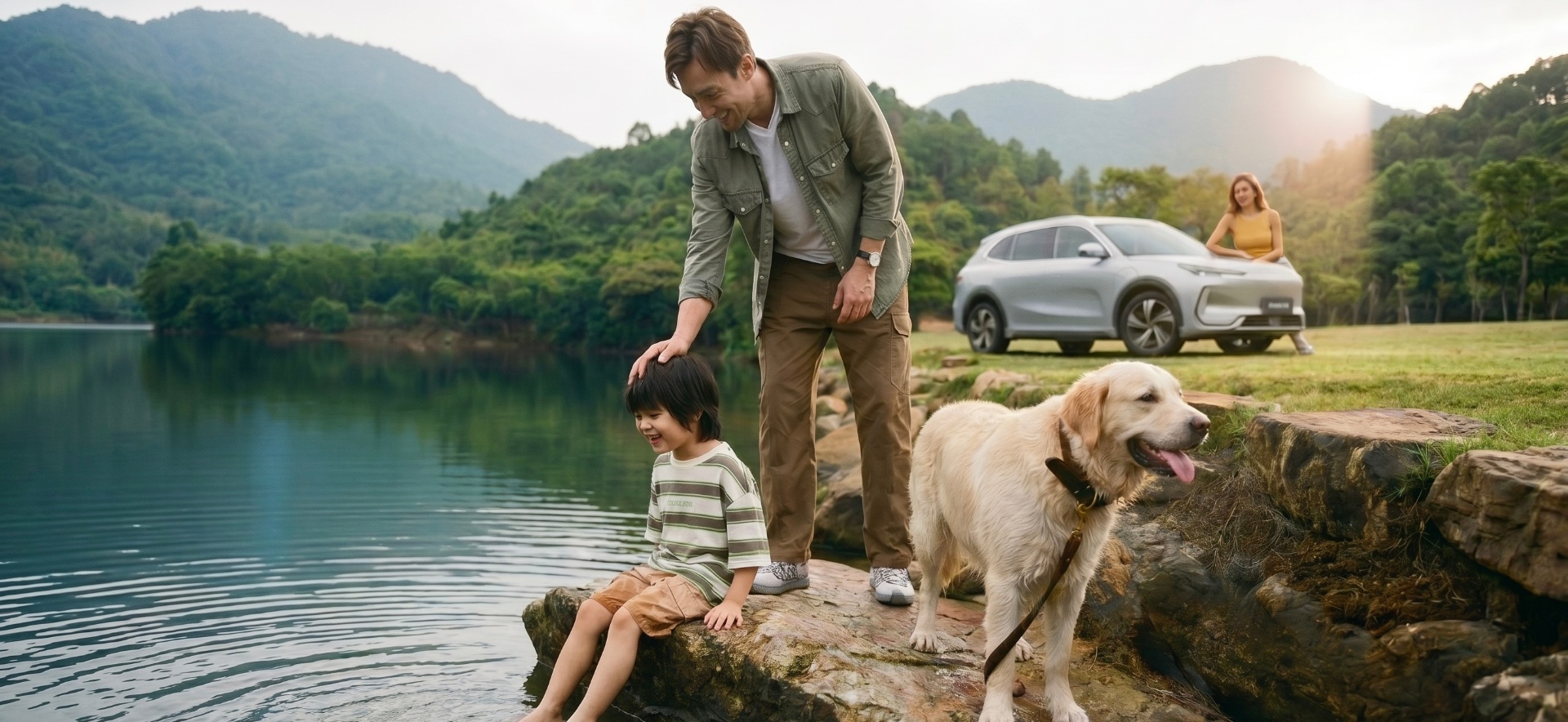 Family with Geely SUV by a lake